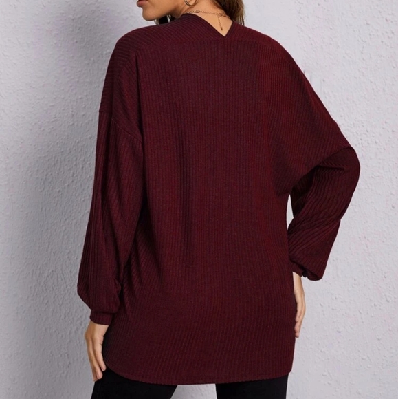 Open Front Lantern Sleeve Waffle Knit Cardigan - Picture 4 of 6